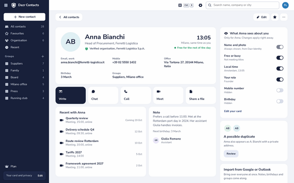 A person in Dazr Contacts with their details, recent meetings and what they see about you