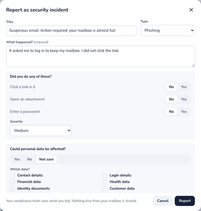 Reporting a phishing email as a security incident, straight from Dazr Mail
