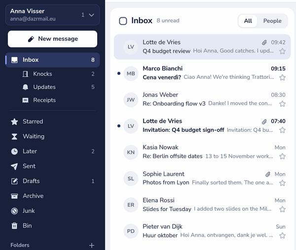The Dazr Mail inbox with Knocks, Updates and Receipts, Waiting and the All and People switch