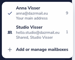 The mailbox switcher with a personal and a shared inbox