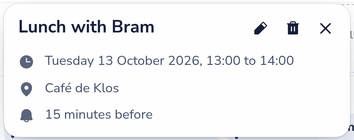 A meeting in Dazr Calendar with the time, the place and a reminder