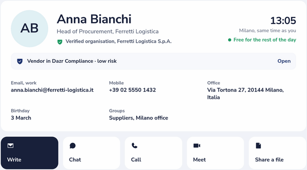 A person in Dazr Contacts with Write, Chat, Call, Meet and Share a file